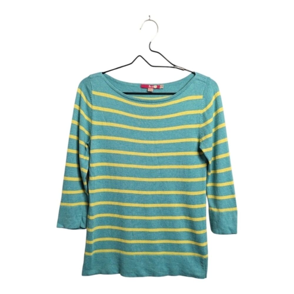 Boden Cashmere Angora Blend Turquoise Yellow Striped Sweater 3/4 Sleeve Soft 2